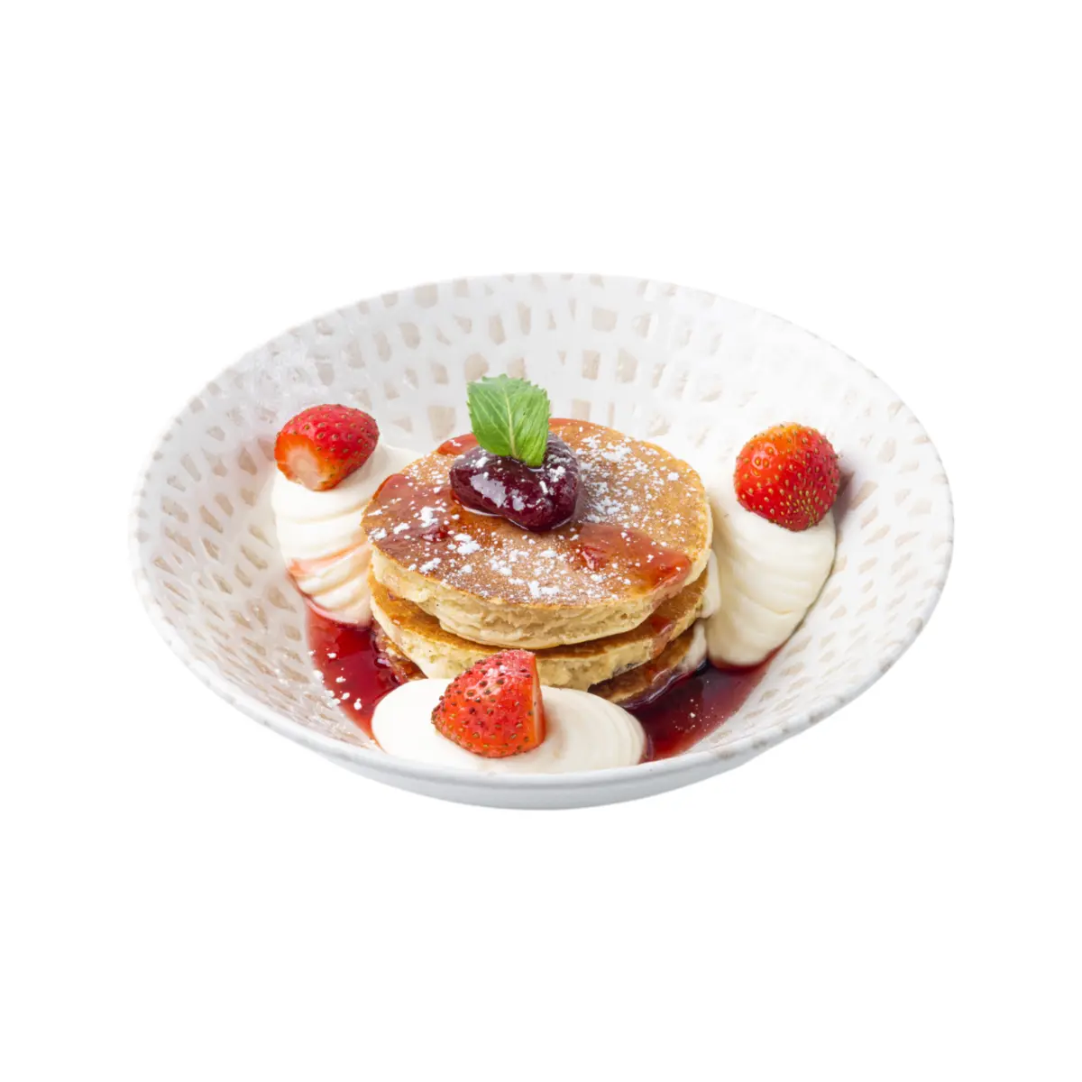 Панкейки с муссом,домашним вареньем и свежей клубникой