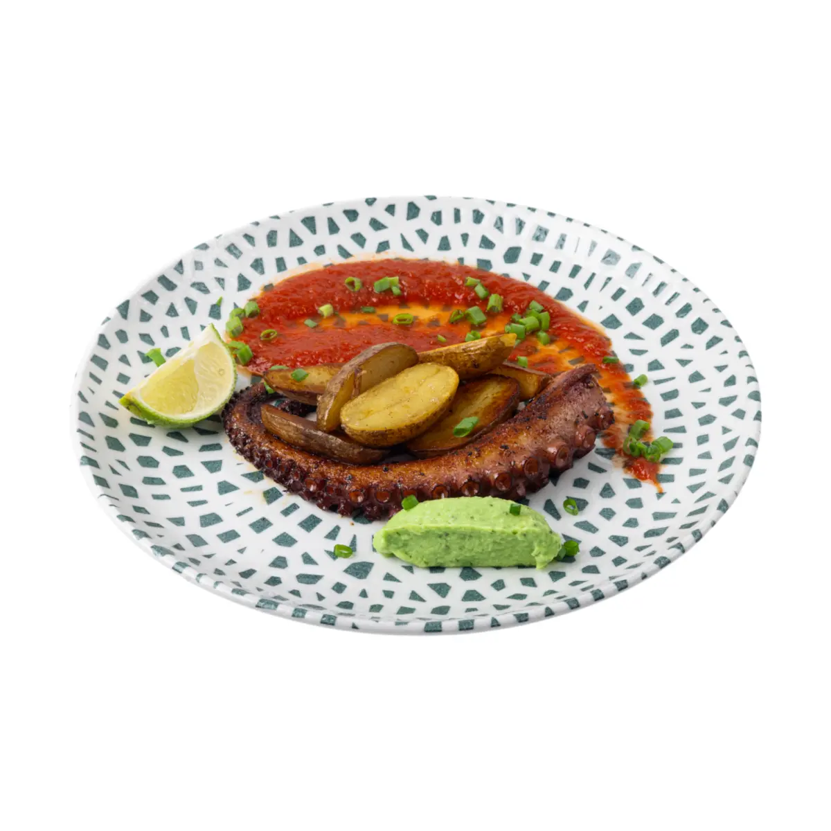 Осьминог с бейби картофелем и томатной сальсой