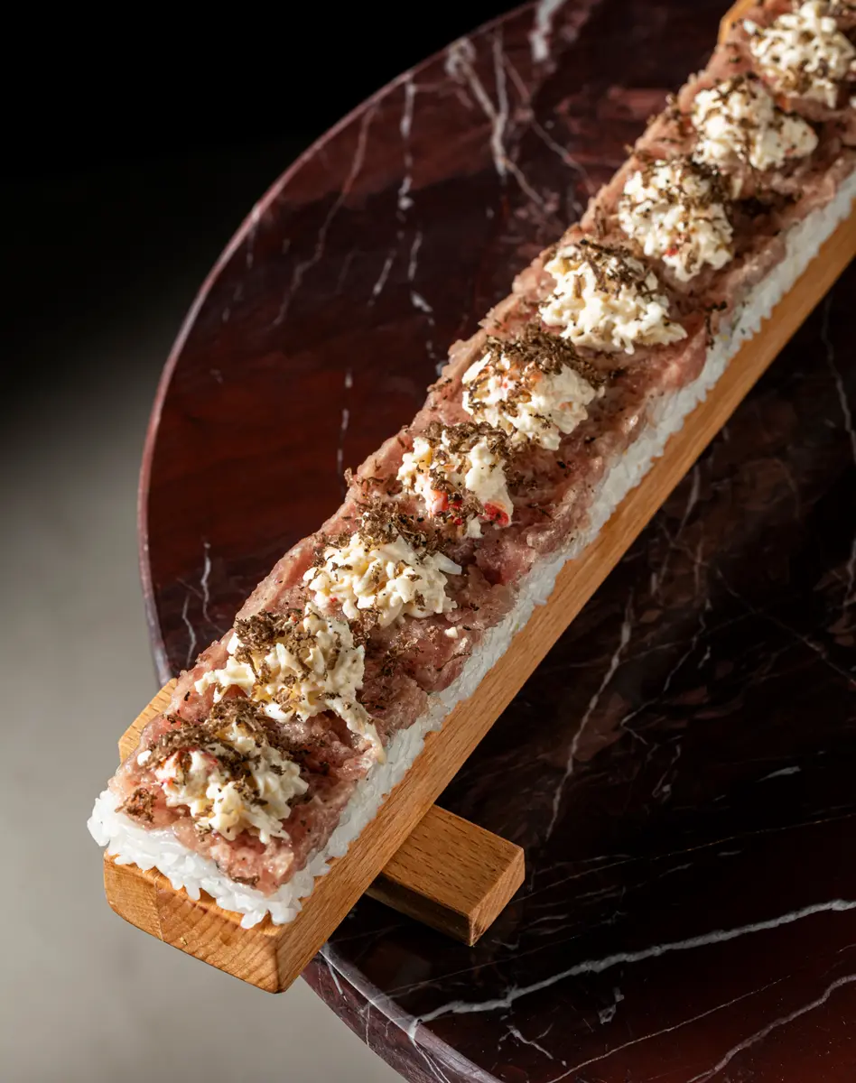 Oshizushi with tuna, crab and truffle