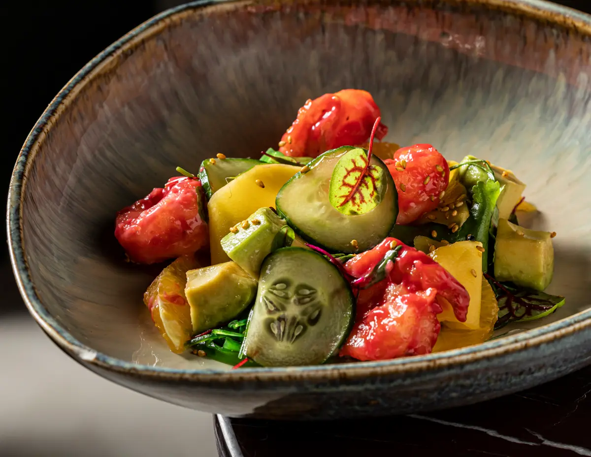 Kaiso with shrimp and mango