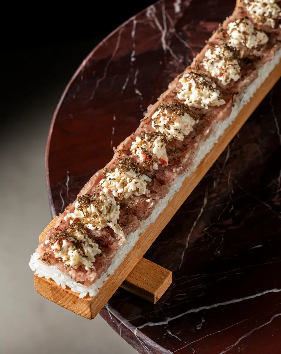Oshizushi with tuna, crab and truffle