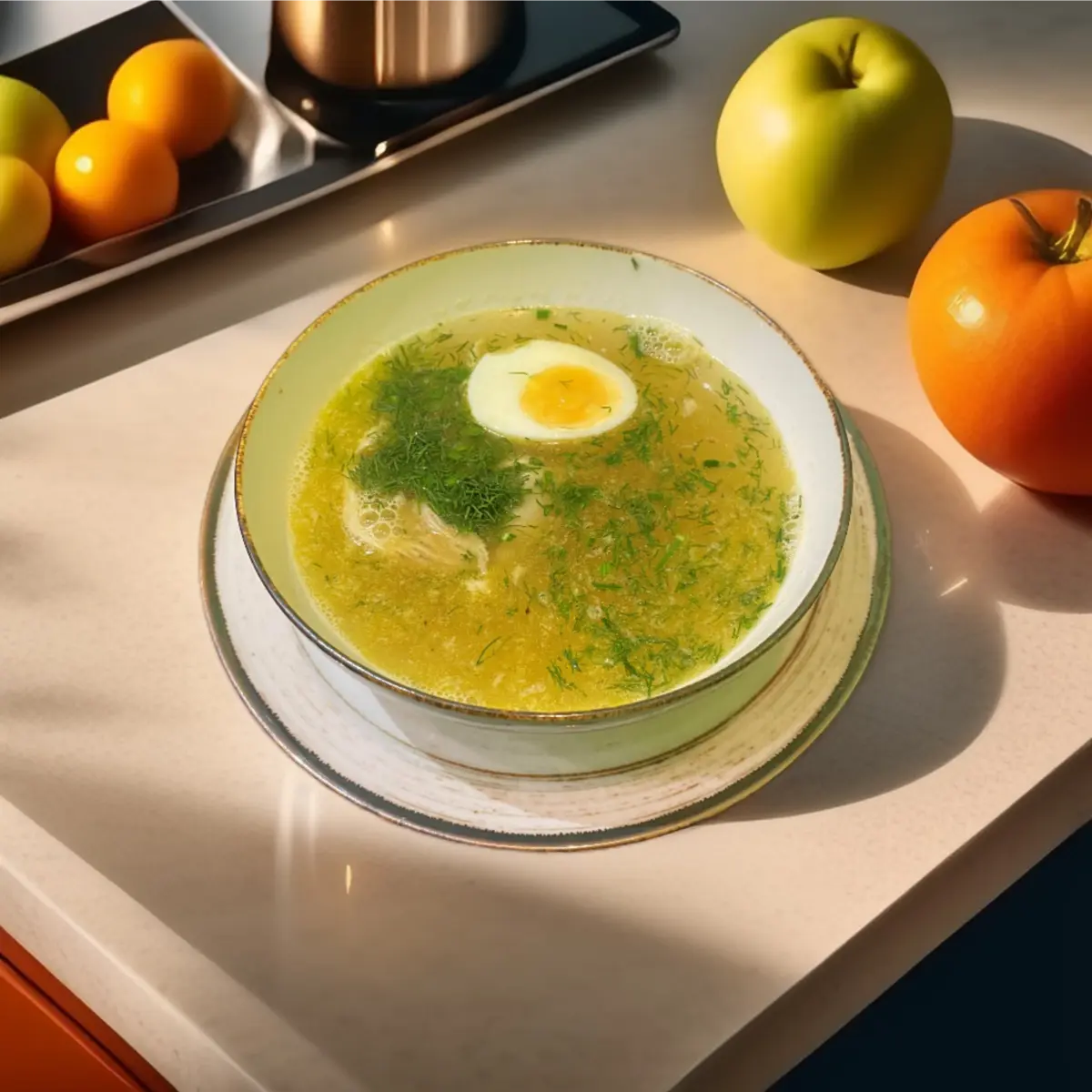 Куриный бульон с яйцом и зеленью