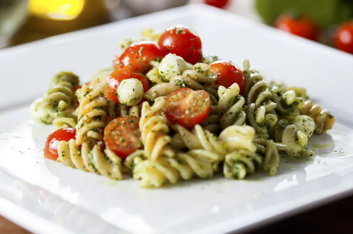 Овощная паста с помидорами черри и соусом "песто"