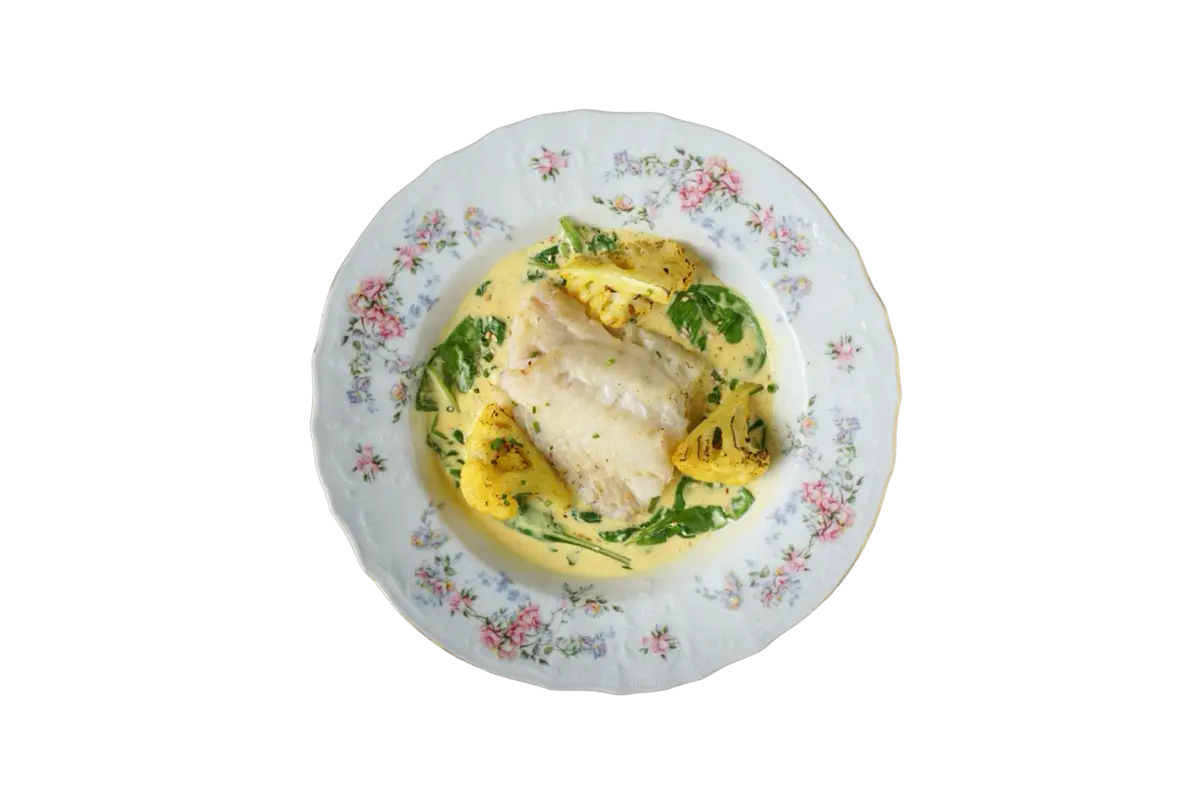 Треска со шпинатом  и ананасовым карри 