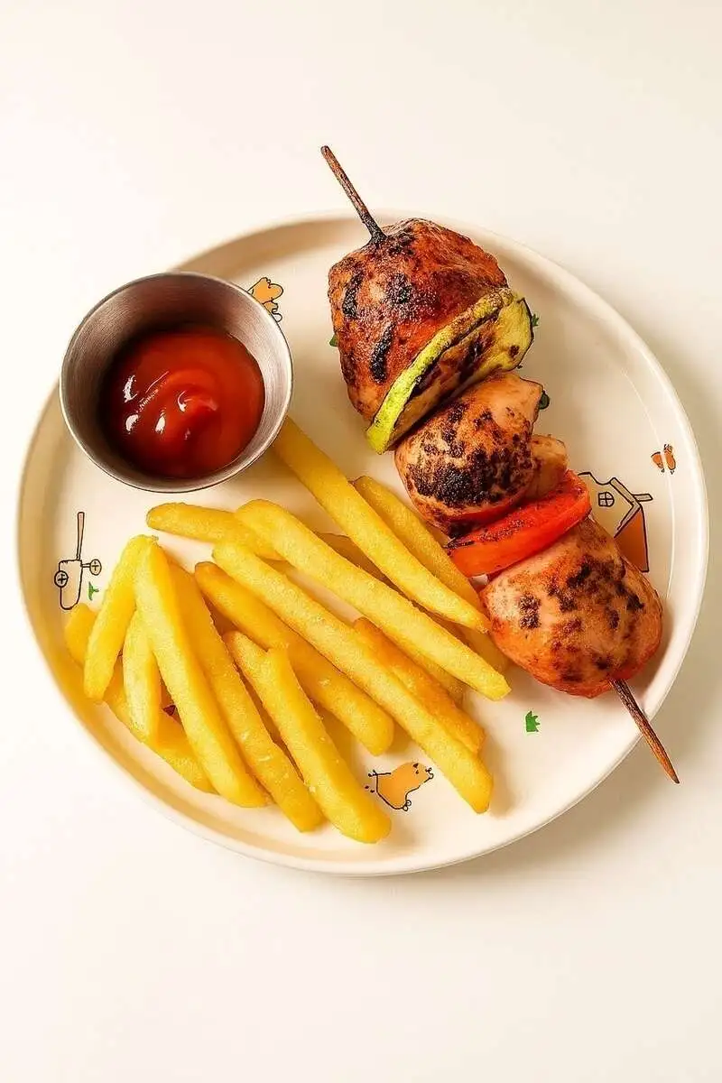 Куриный шашлычок с фри и кетчупом