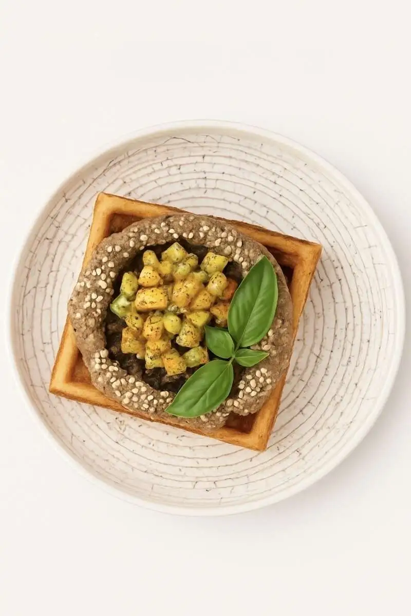 Вафля со сливочным паштетом, глазированной печенью и апельсиновым кофитюр