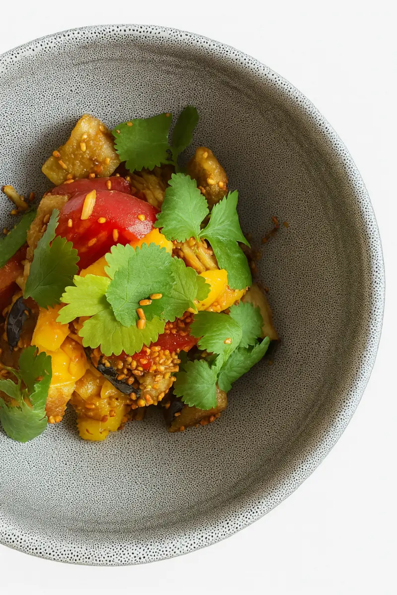 Теплый салат с баклажанами и манго