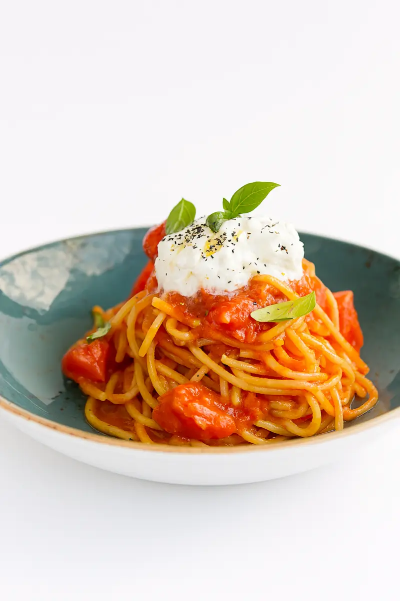 Спагетти с томатами и страчателлой 