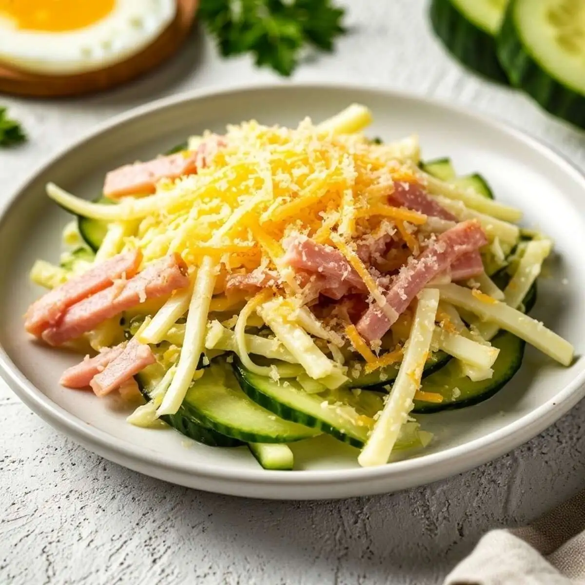Салат коктейльный c ветчиной из куриного окорока, огур,яйцом и сыром