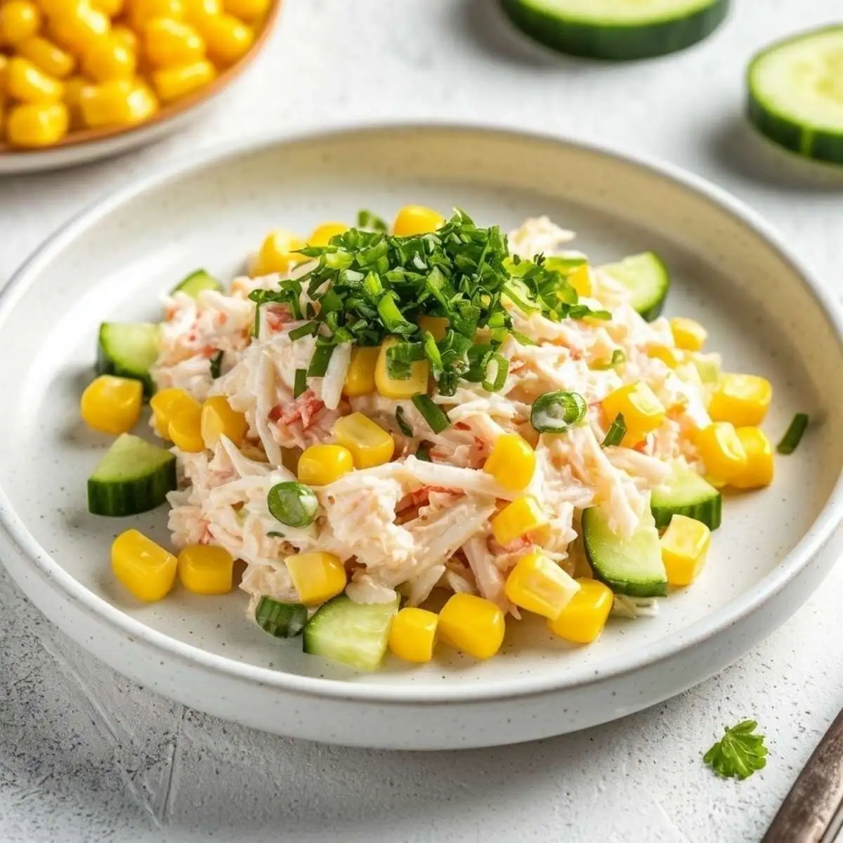 Салат со снежным крабом, сладкой кукурузой и свежим огурцом