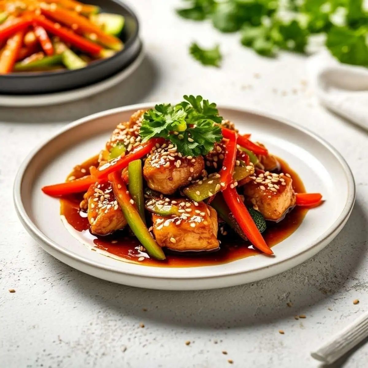 Куриная грудка по-тайски с овощами, соусом терияки и кунжутом