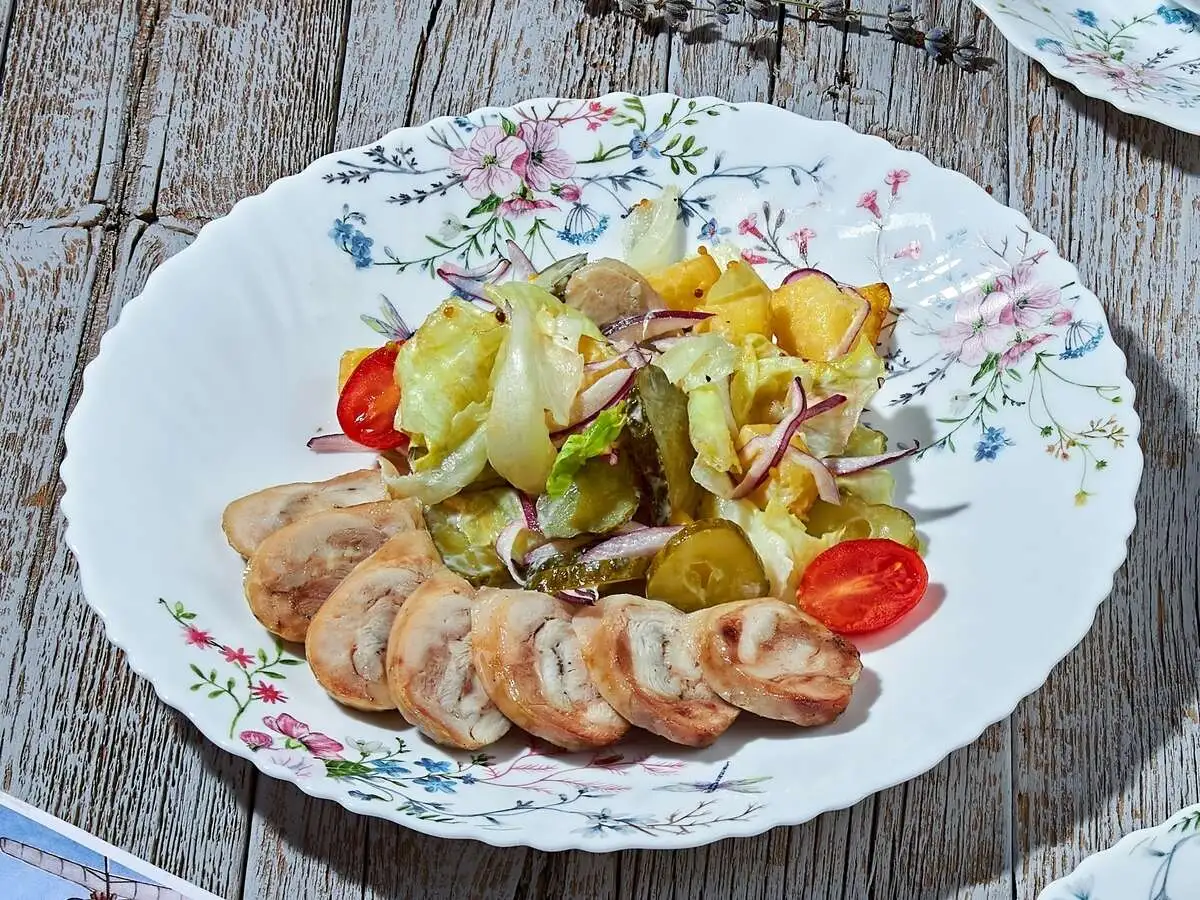 Овощной салат с куриным рулетом