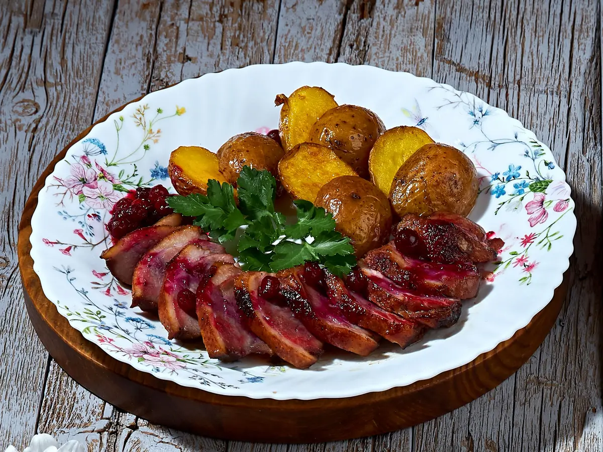 Аппетитное филе утки под клюквенным соусом с картофелем беби