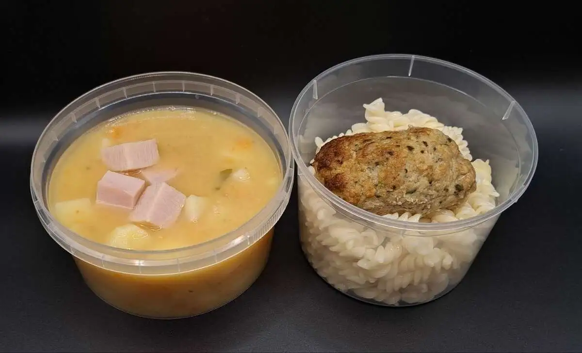 2 Мясной: Гороховый с копчёностями, Люля-кебаб из свинины с макаронами