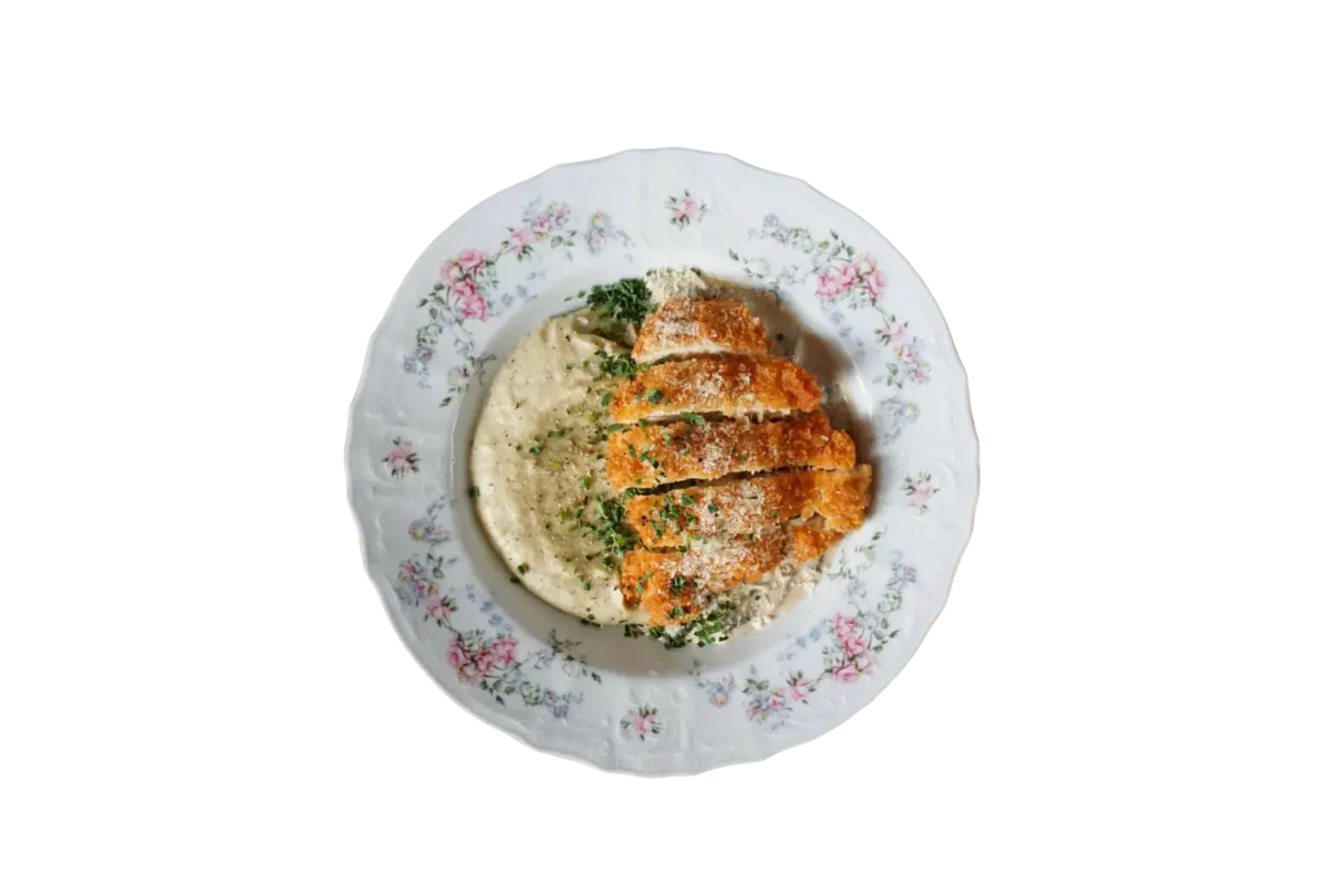 Хрустящая курица с пюре из сельдерея и грибами