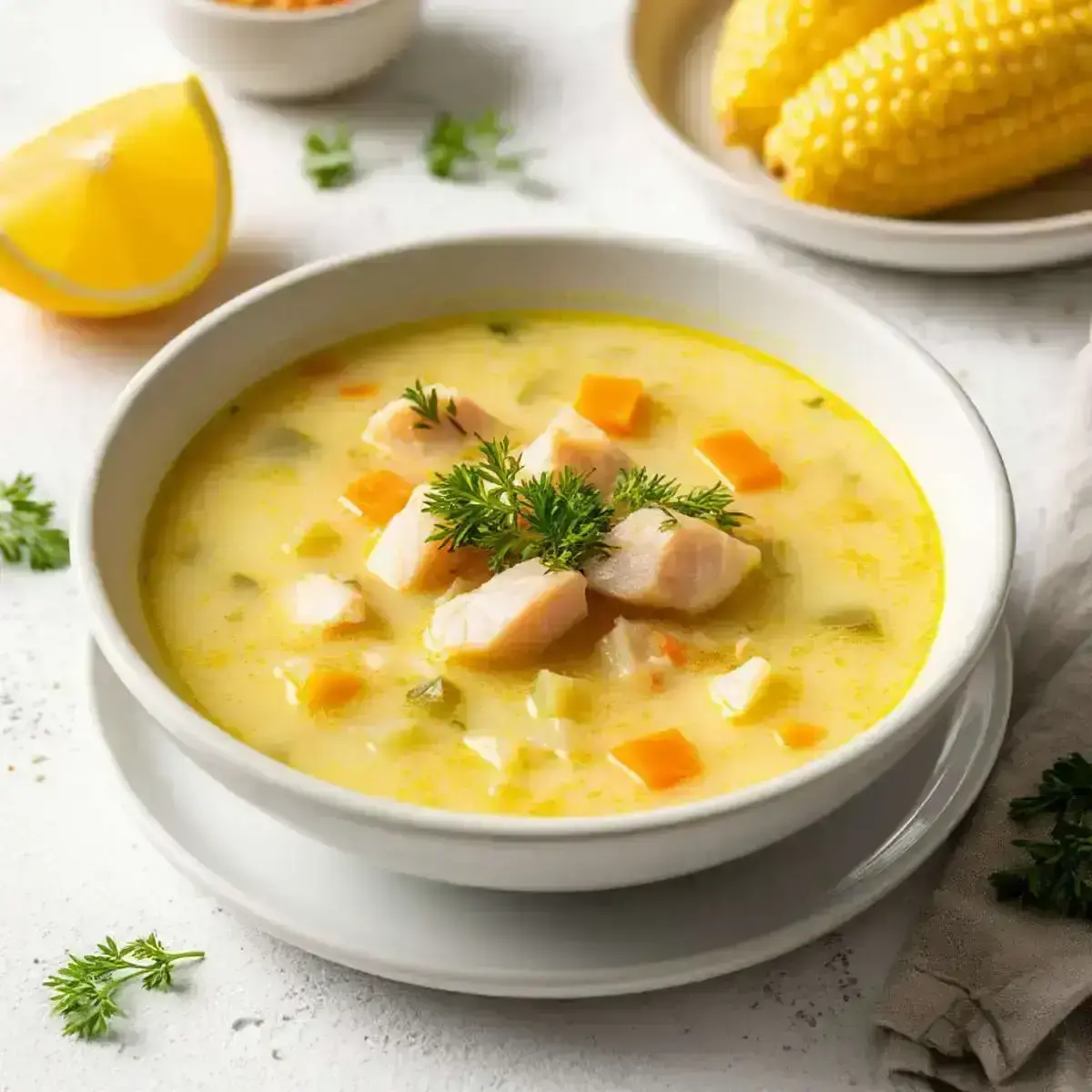 Уха с мурманским лососем, овощами и сливками 