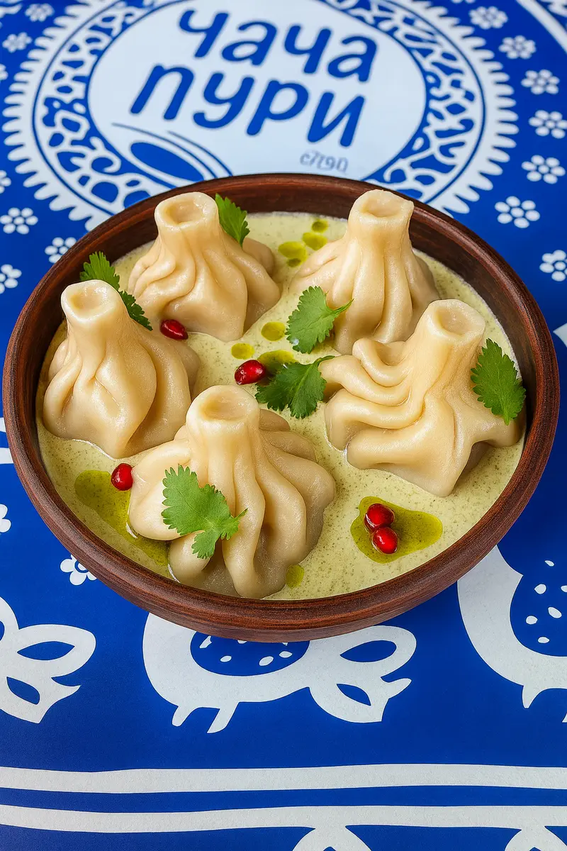 Мини хинкали с курицей в соусе Чкмерули