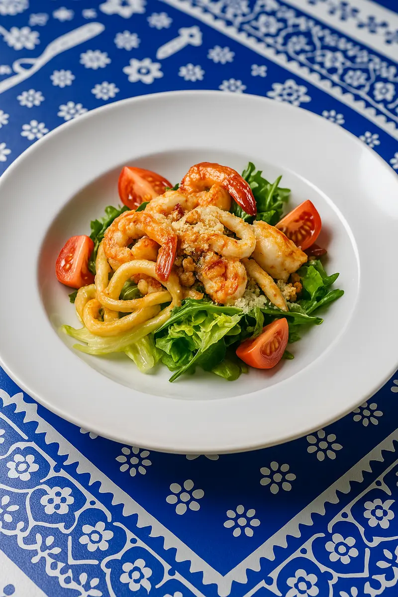 Теплый салат с морепродуктами