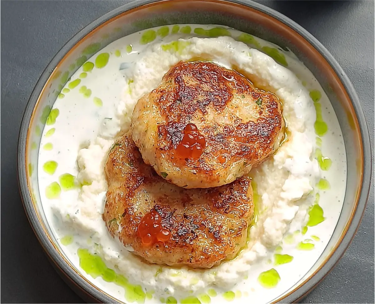 Котлеты из морепродуктов с муссом из цветной капусты