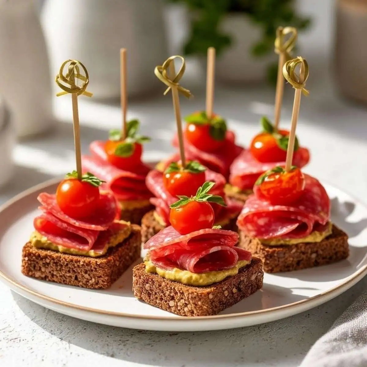 Канапе с салями, томатами "Черри" и зернистой горчицей 8 шт.