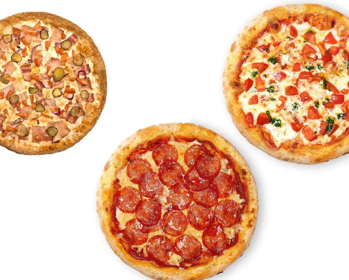 3 пиццы 28см (пепперони+греческая+карбонаре)