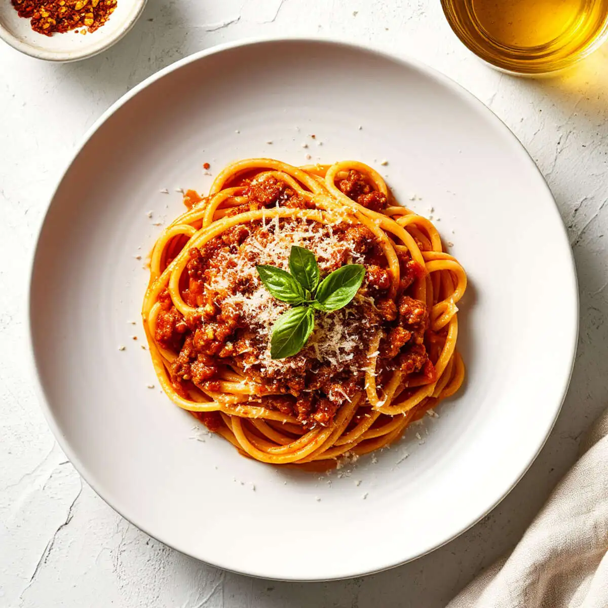 Паста "Болоньезе" с томатным соусом и сыром "Пармезан".