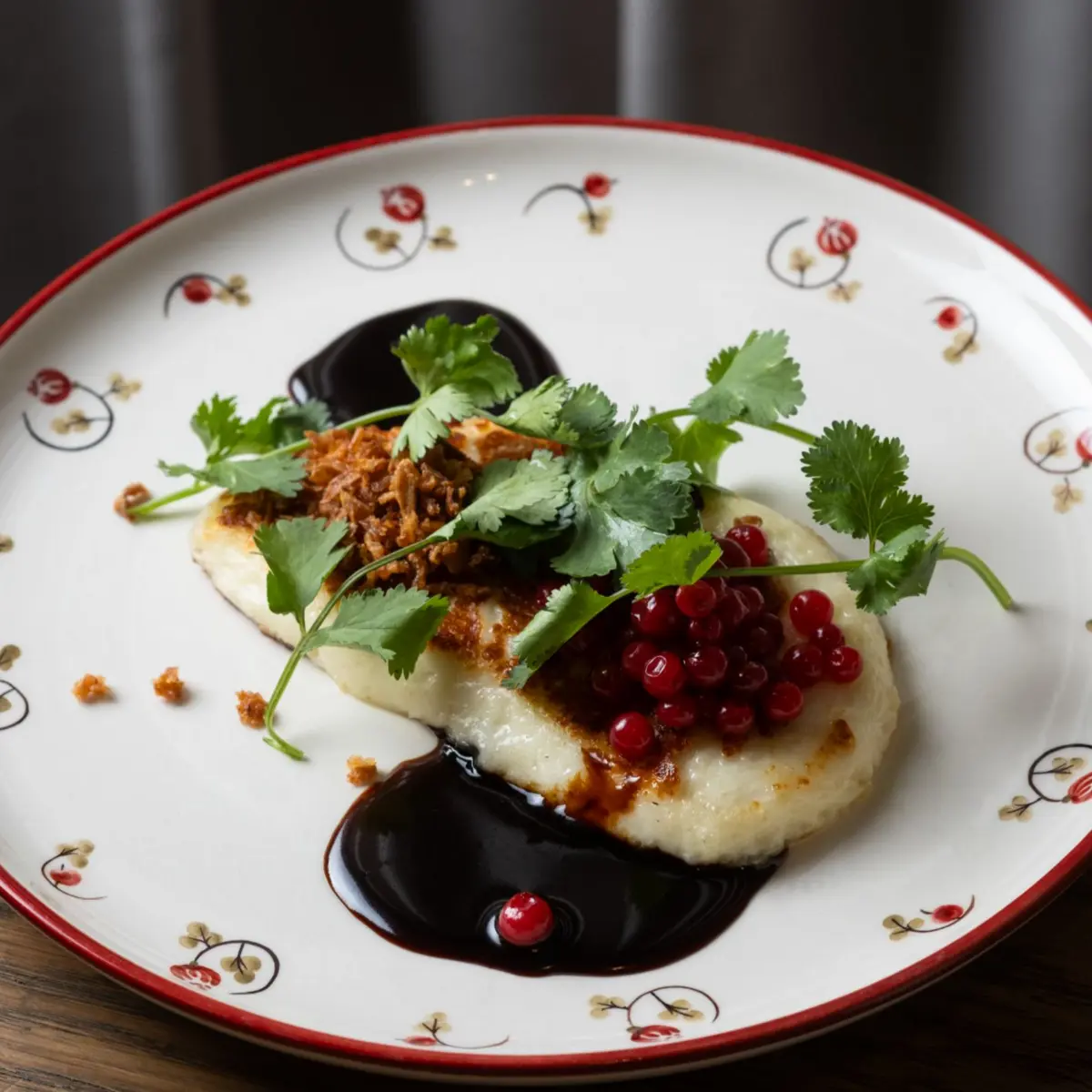 Жареный сыр халуми, моченая брусника, соус порто 