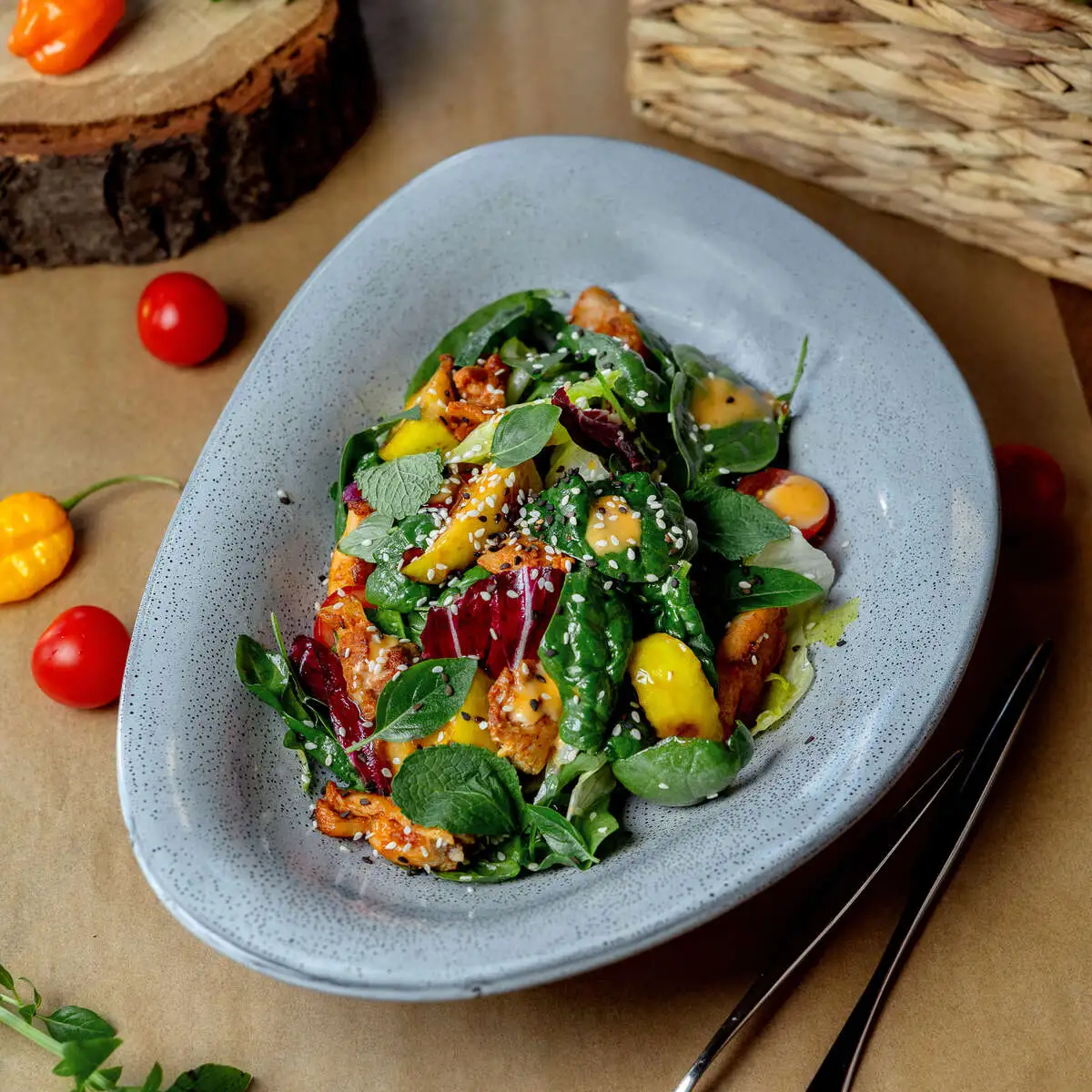 Микс салат с карамелизованным яблоком и курицей