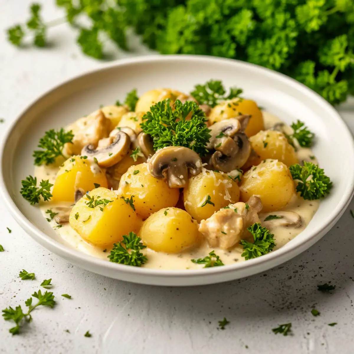 Куриная грудка с грибами, сыром и картофелем в сливочном соусе