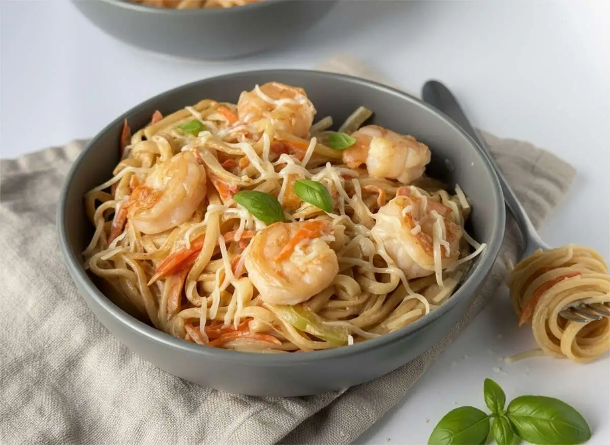 Удон с креветками в сливочном соусе