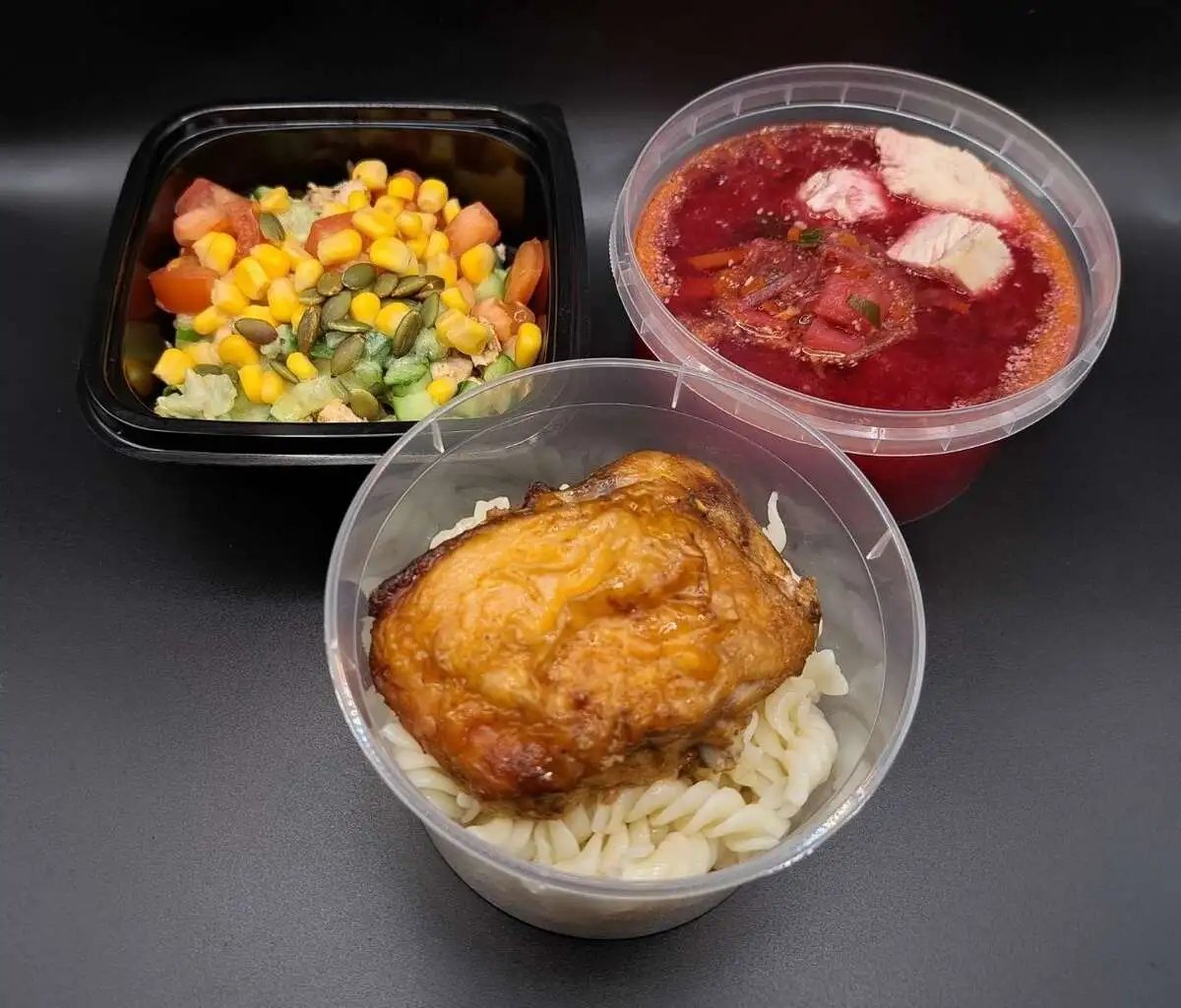 3 Чикен комбо: Поке-боул с курицей, Борщ с курицей, Курочка запеченная с макаронами