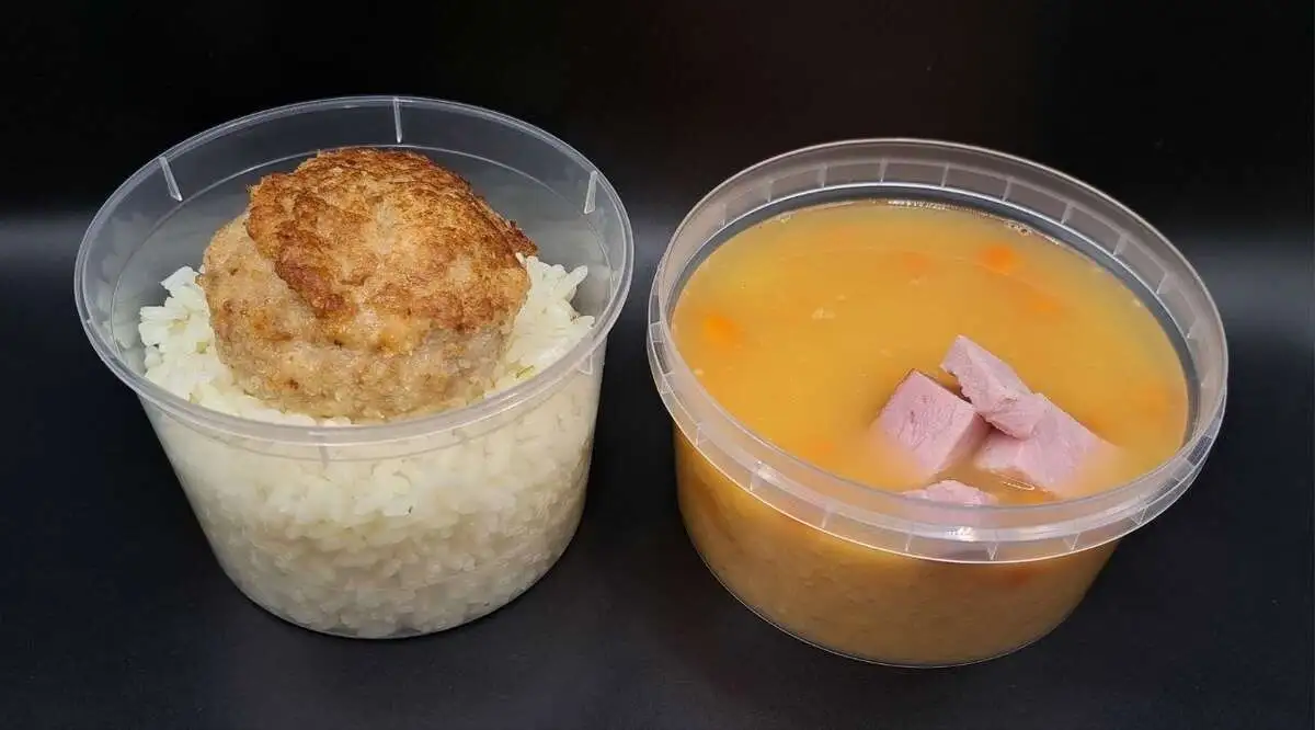 2 Мясной: Гороховый с копчёностями, Котлета домашняя с рисом