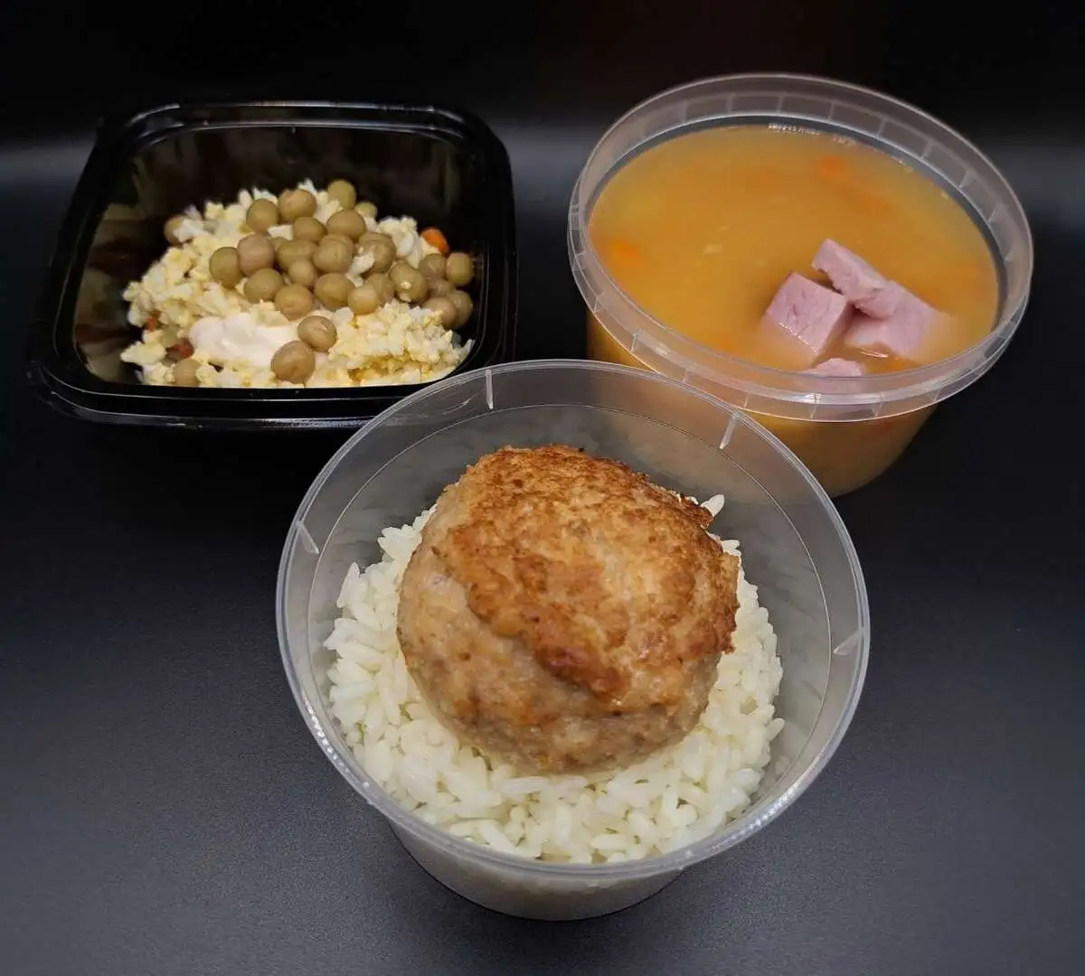 3 Мясной: Оливье, Гороховый с копчёностями, Котлета домашняя с рисом