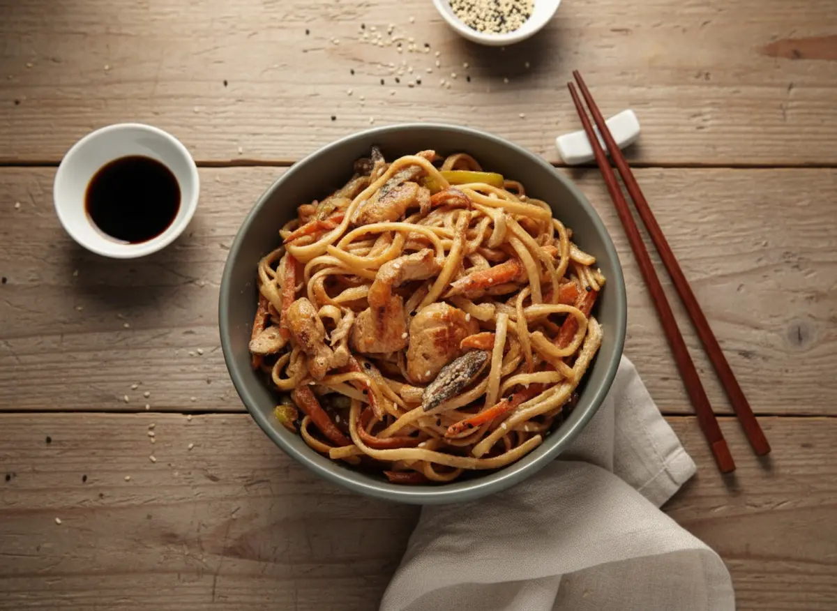 Удон с курицей в сливочном соусе 