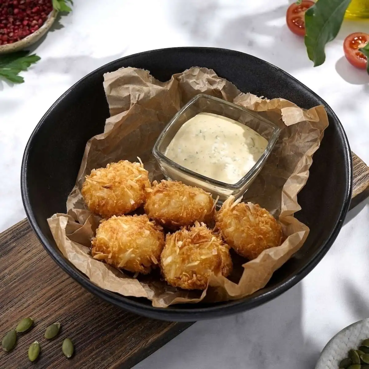 Креветочные шарики с соусом катаифи