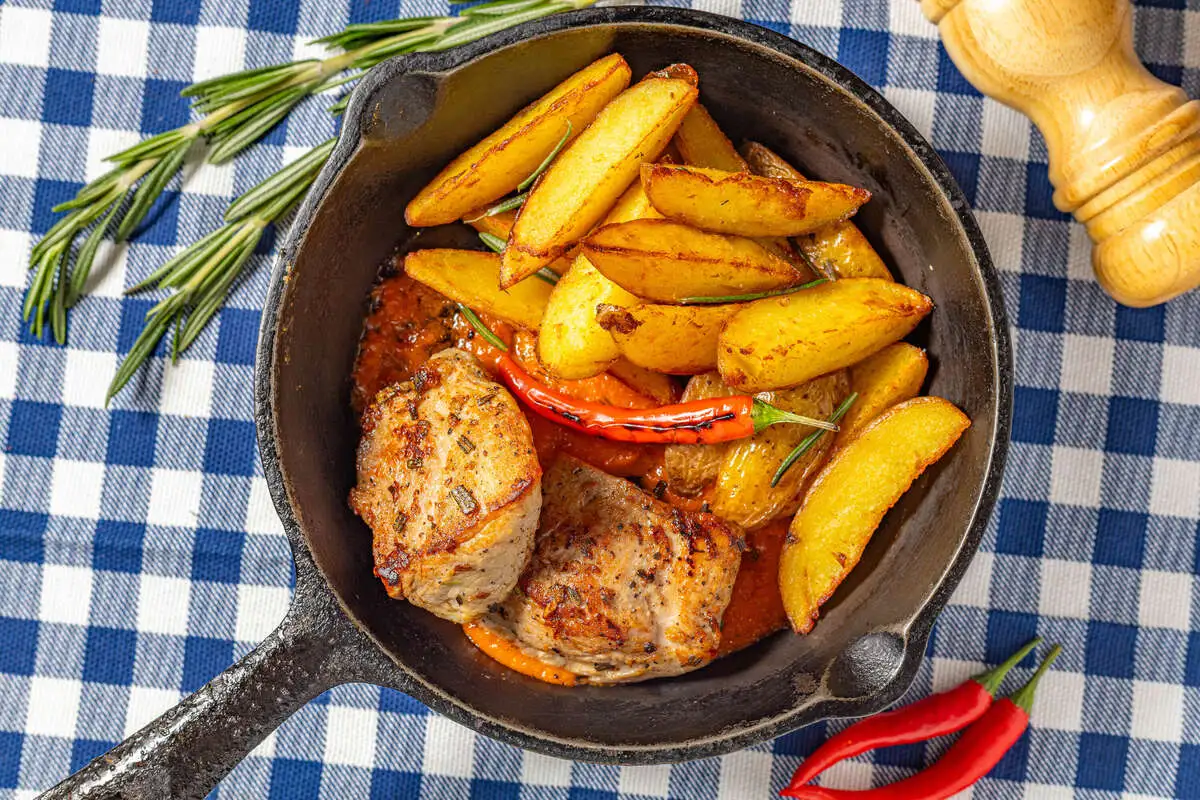 Жареная свиная вырезка с картофелем по-деревенски