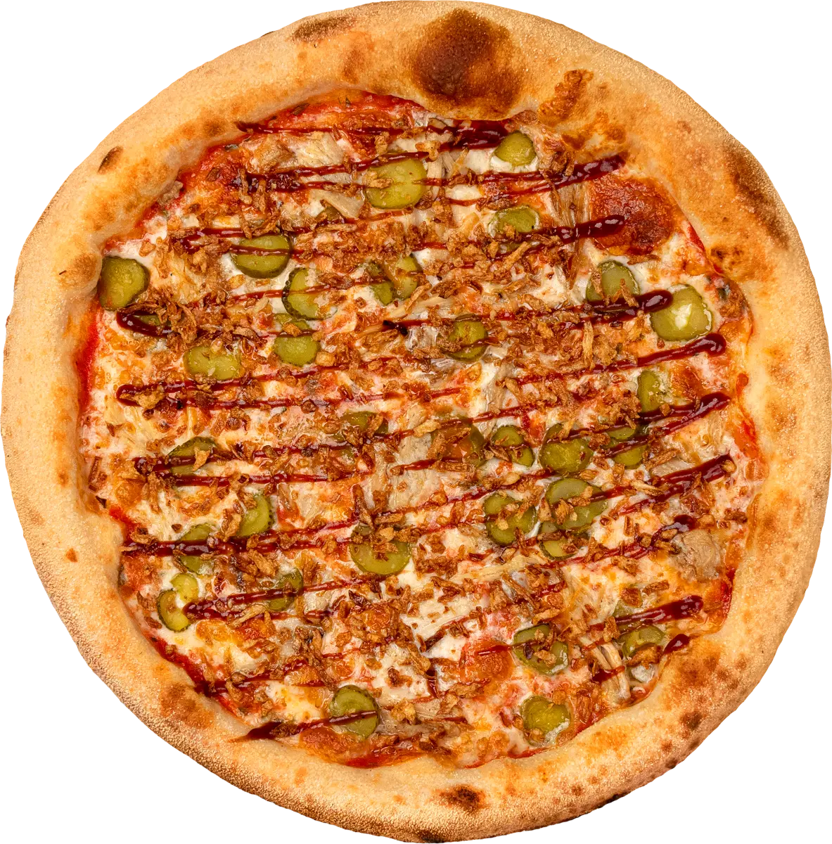 Пицца с томленой свининой BBQ и корнишонами