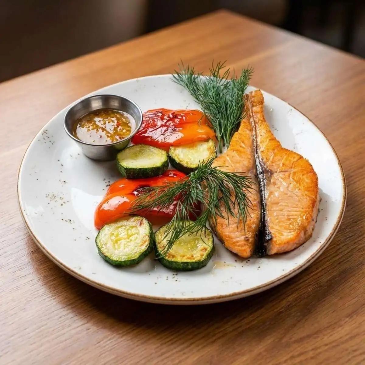 Стейк из лосося на гриле с овощами