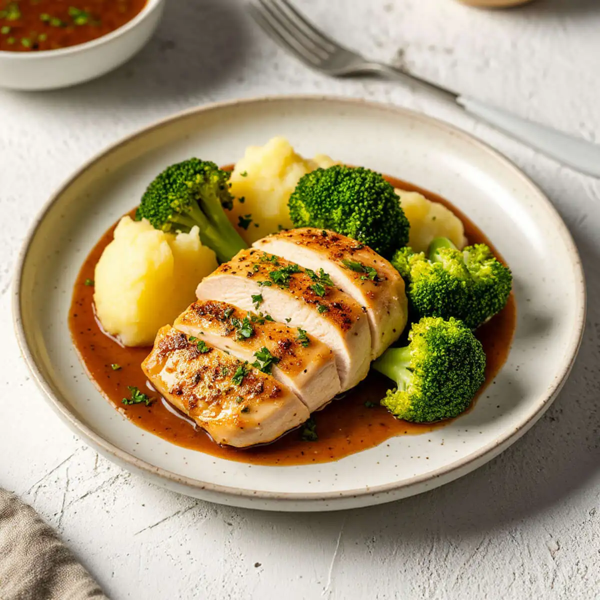 Куриная грудка с брокколи, творожным сыром  и картофельным пюре