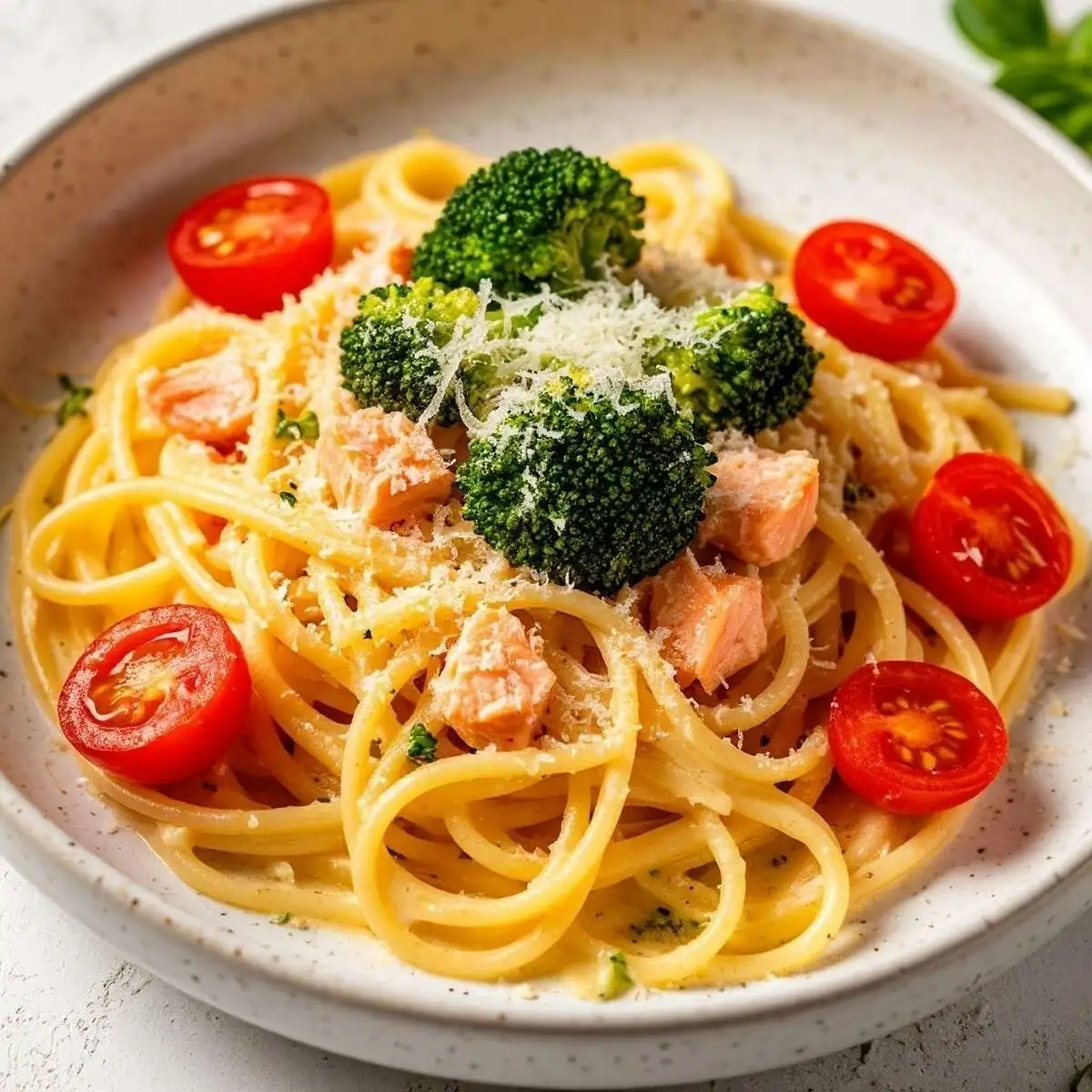 Паста с семгой и брокколи в сливочном соусе с сыром "Пармезан"