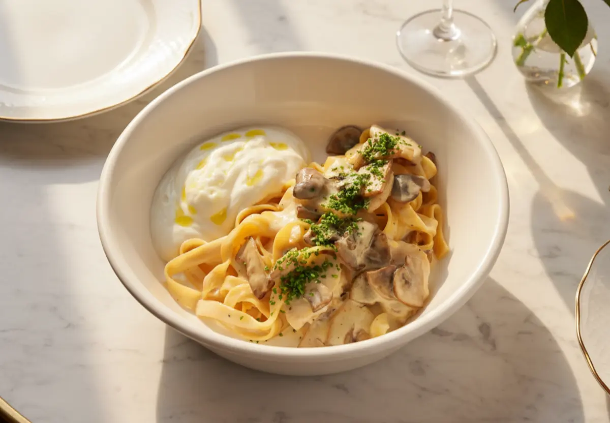Фетучини, курица, грибы, соус карбонара
