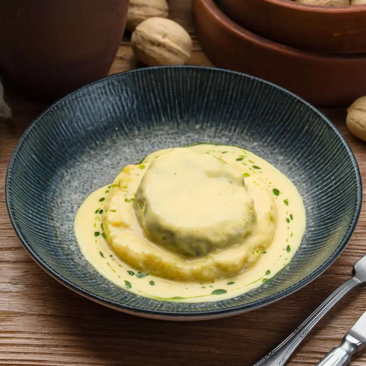 Котлета из индейки с гоми и сырным соусом 