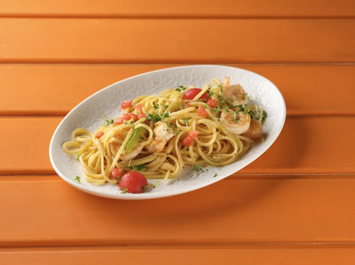 Лингвини с креветками и перцем Рамиро