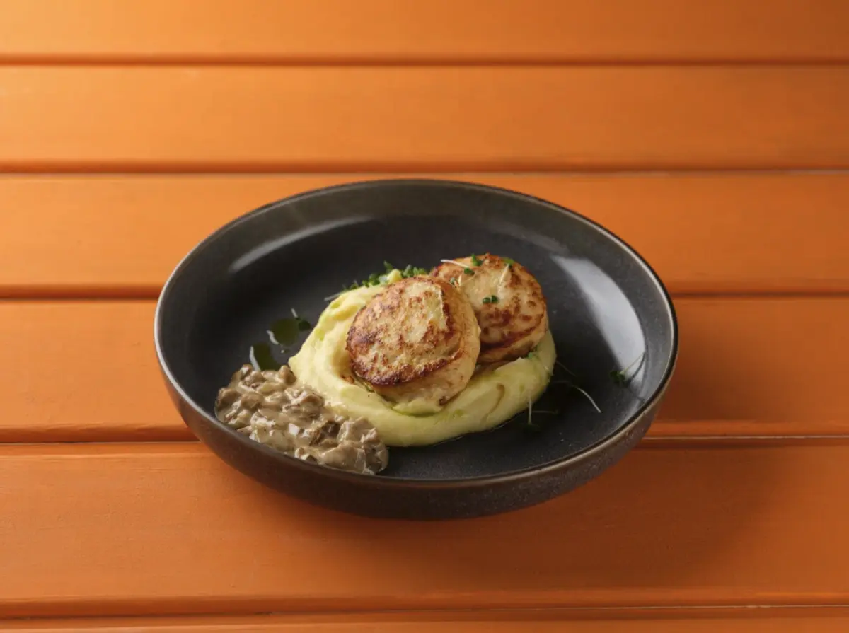 Котлеты из курицы с картофельным пюре и грибным соусом