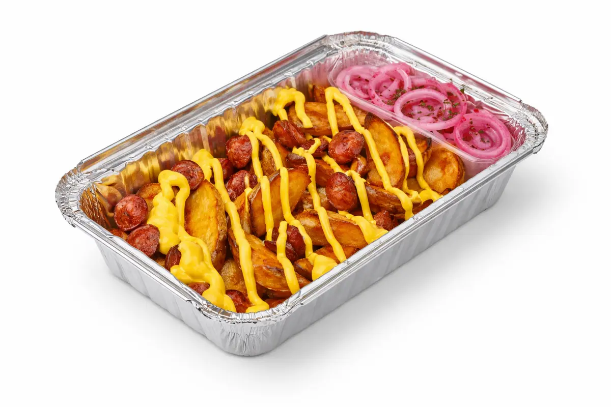 Картофель с колбасками и луком