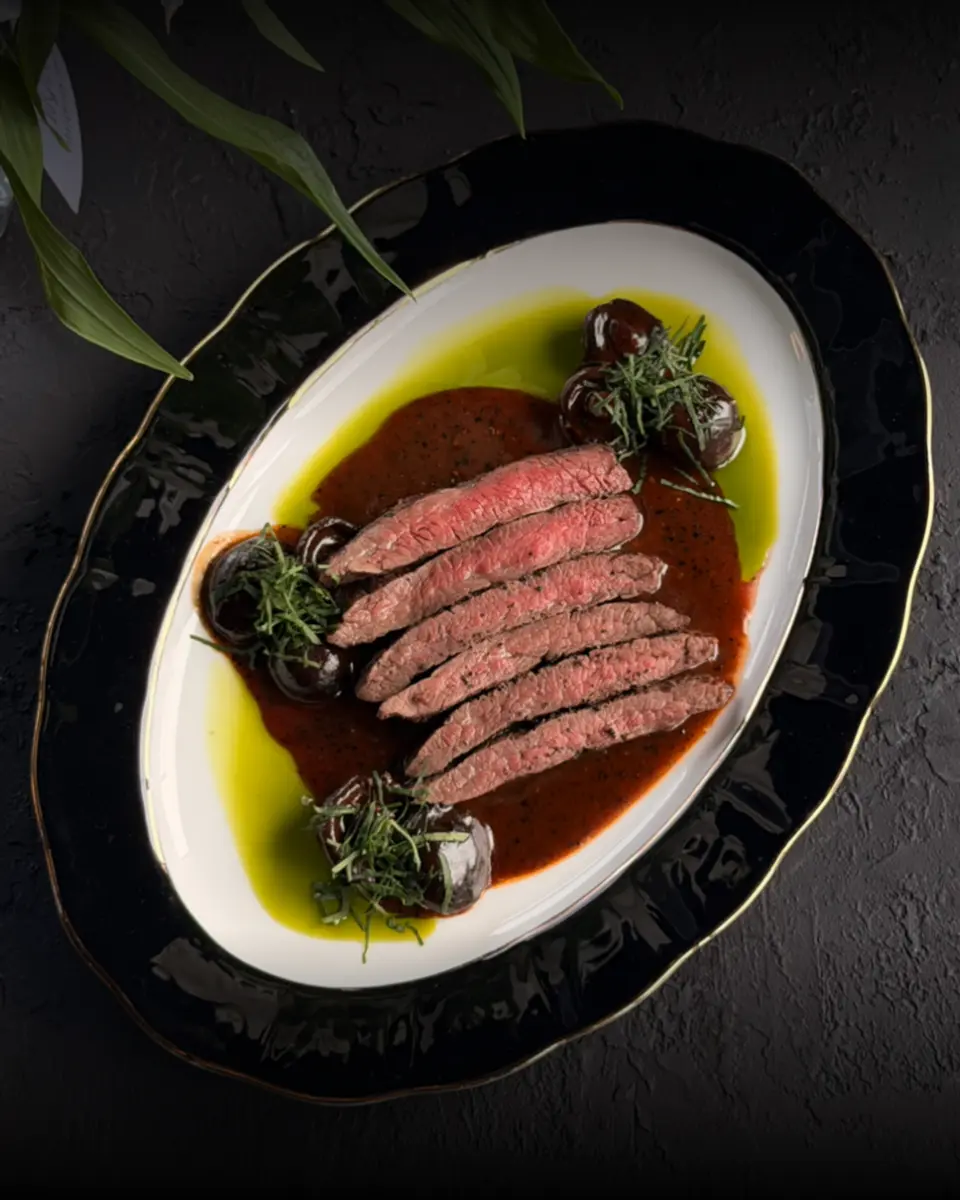 Стейк фланк с грибами шитаке и соусом из черного перца