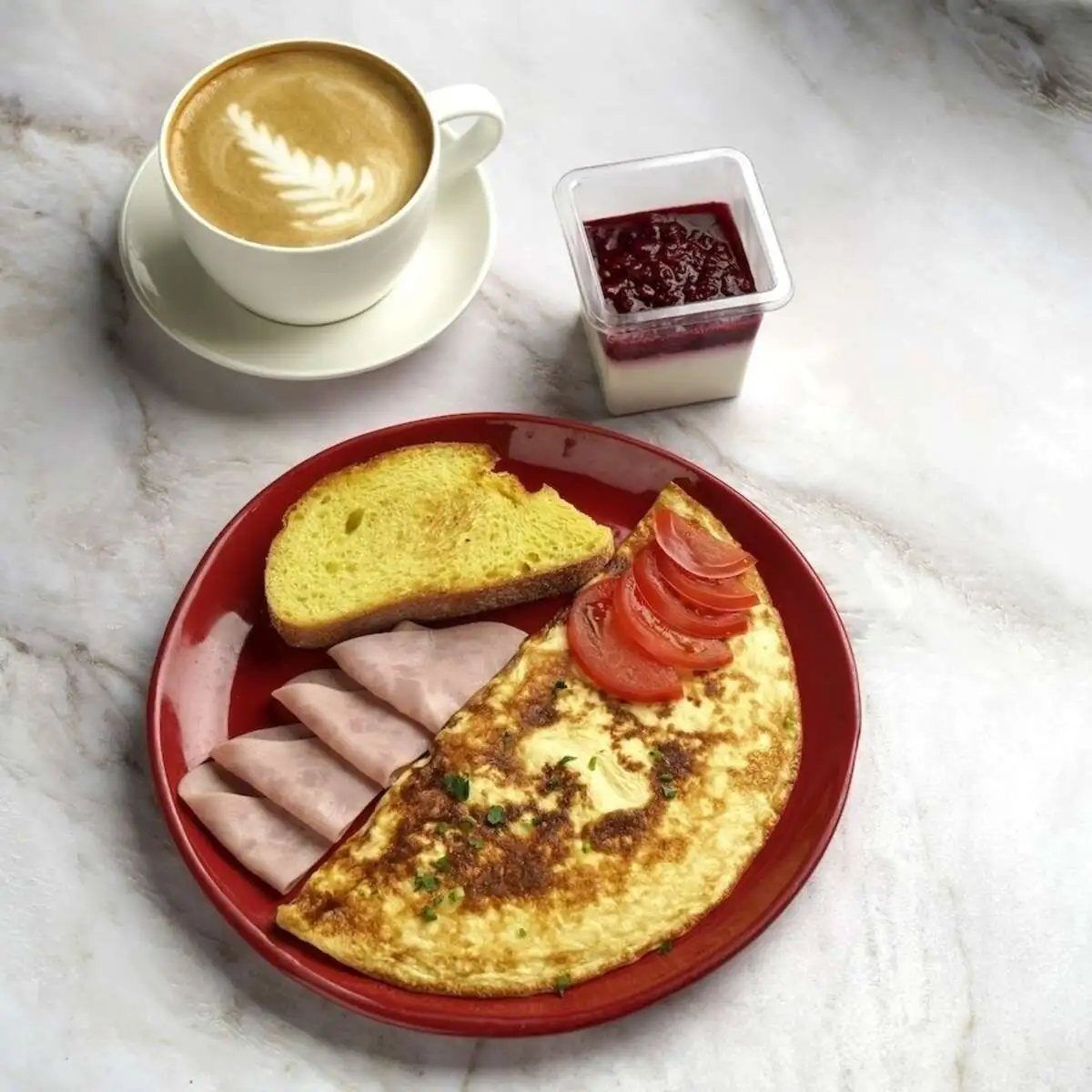 Омлет с ветчиной, Панна-котта и Латте