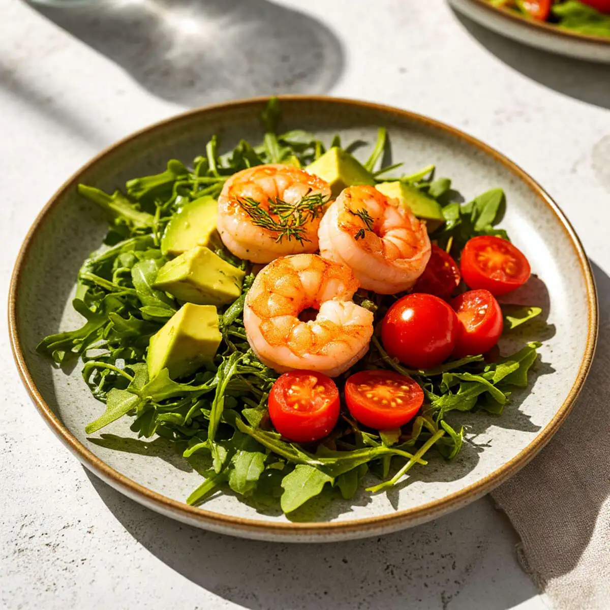 Салат с тигровой креветкой, рукколой, авокадо и томатами