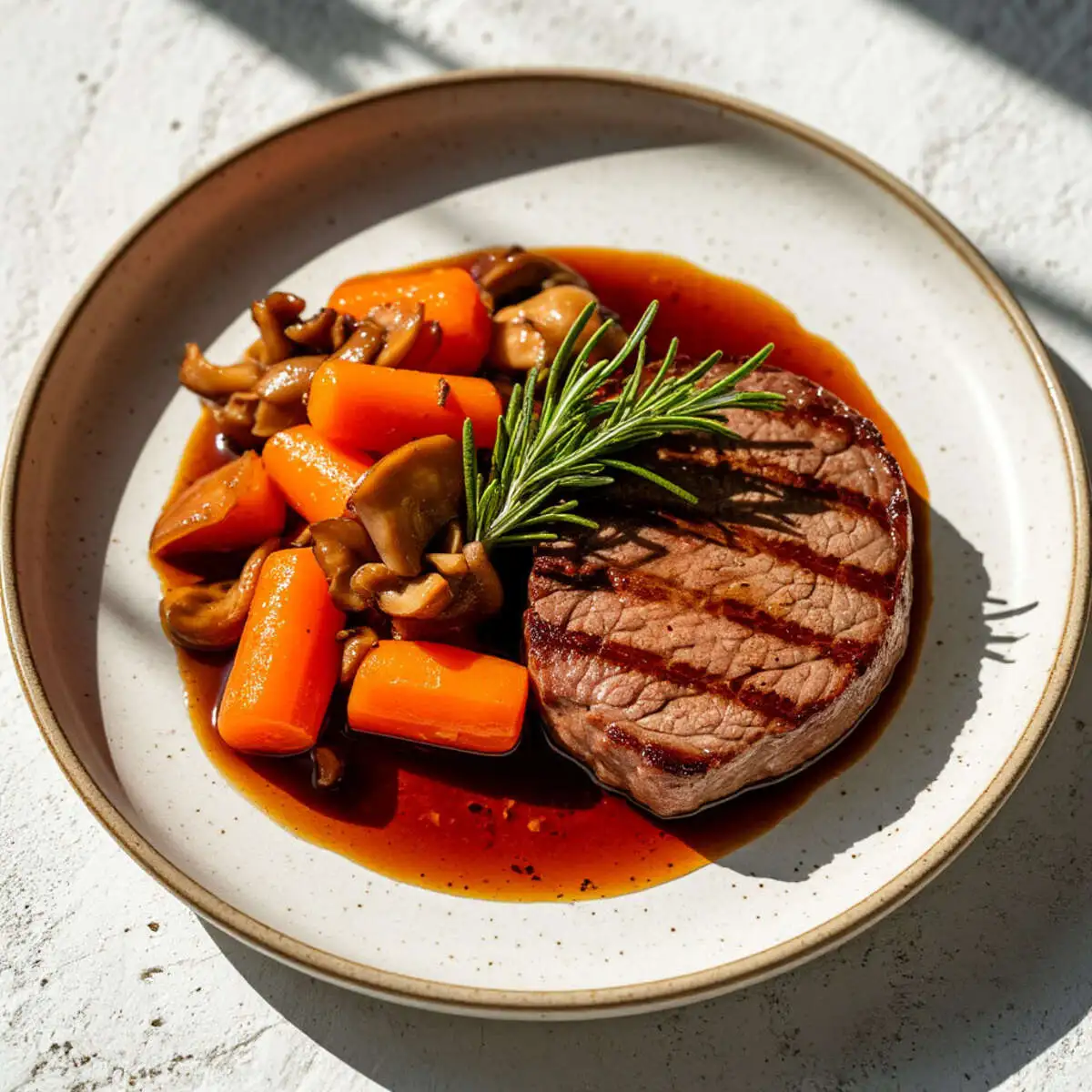 Стейк из свиной шеи с вешенками и мини-морк. в соусе "Терияки"