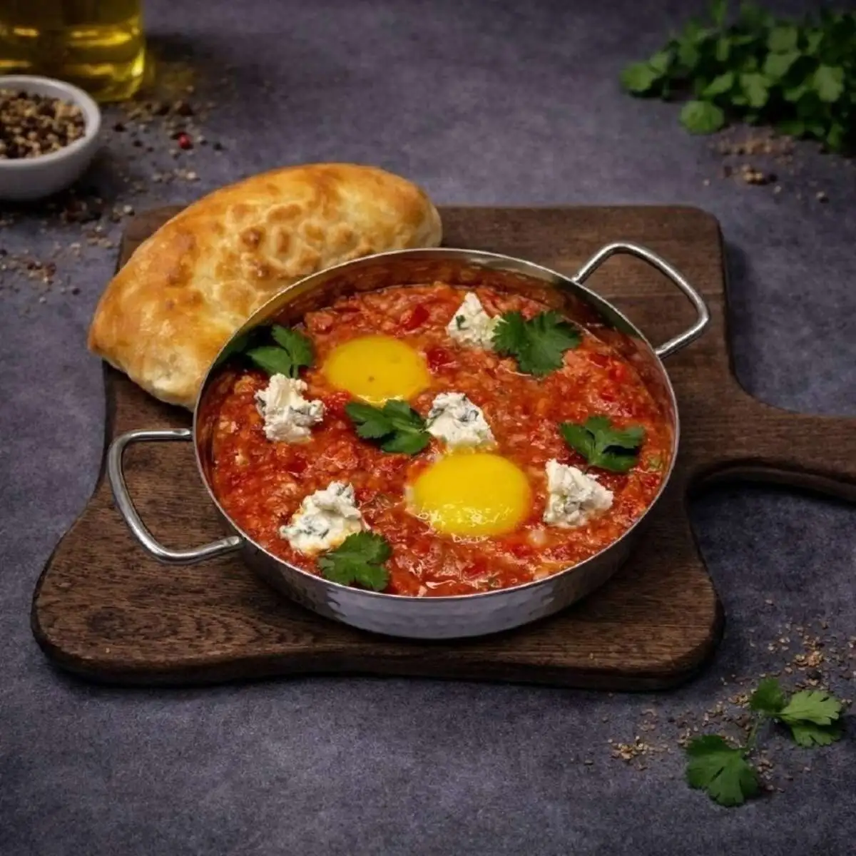 Шакшука с крем-чизом, зеленым луком и восточным хлебом и лепешкой